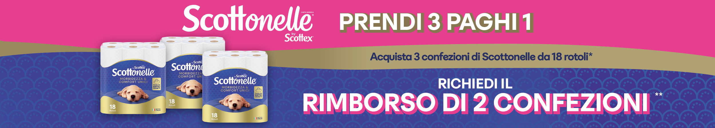 Immagine desktop col titolo della meccanica dell' Iniziativa Cashback Scottonelle Il Gigante. Con l’acquisto di 2 confezioni di Scottonelle carta igienica 18 rotoli ricevi il rimborso di 1 confezione