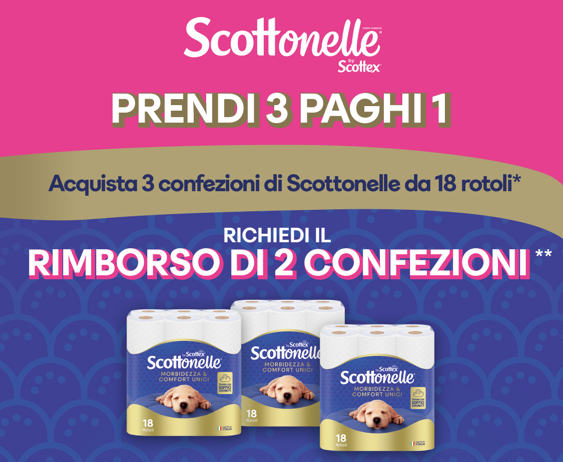Immagine desktop col titolo dell' Iniziativa Cashback Scottonelle Il Gigante. Con l’acquisto di 2 confezioni di Scottonelle carta igienica 18 rotoli ricevi il rimborso di 1 confezione